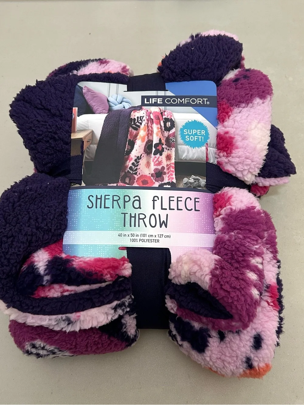 Life Comfort Kids Sherpa Fleece Throw 40 x 50 Purple Pink Floral NEW